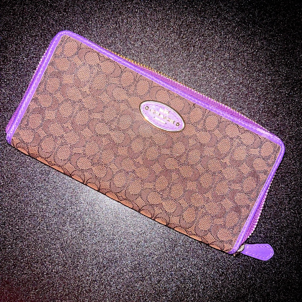 Brown and purple handheld wallet